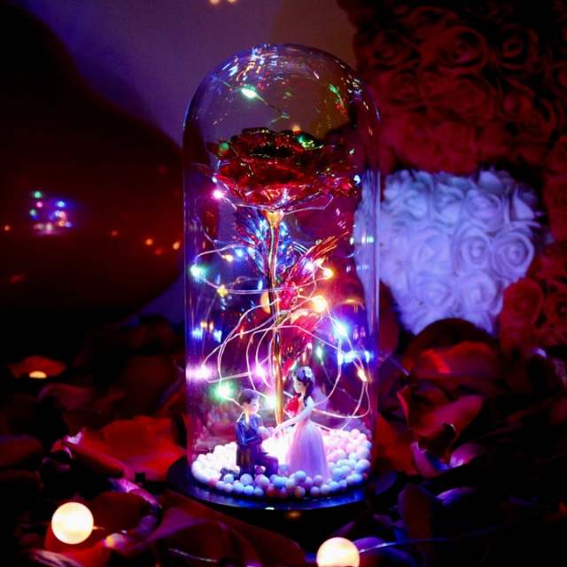 New beauty and the beast rose Galaxy Rose In Flask LED Flashing Flowers Valentine&#39;s Day Gift birthday Christmas day gift